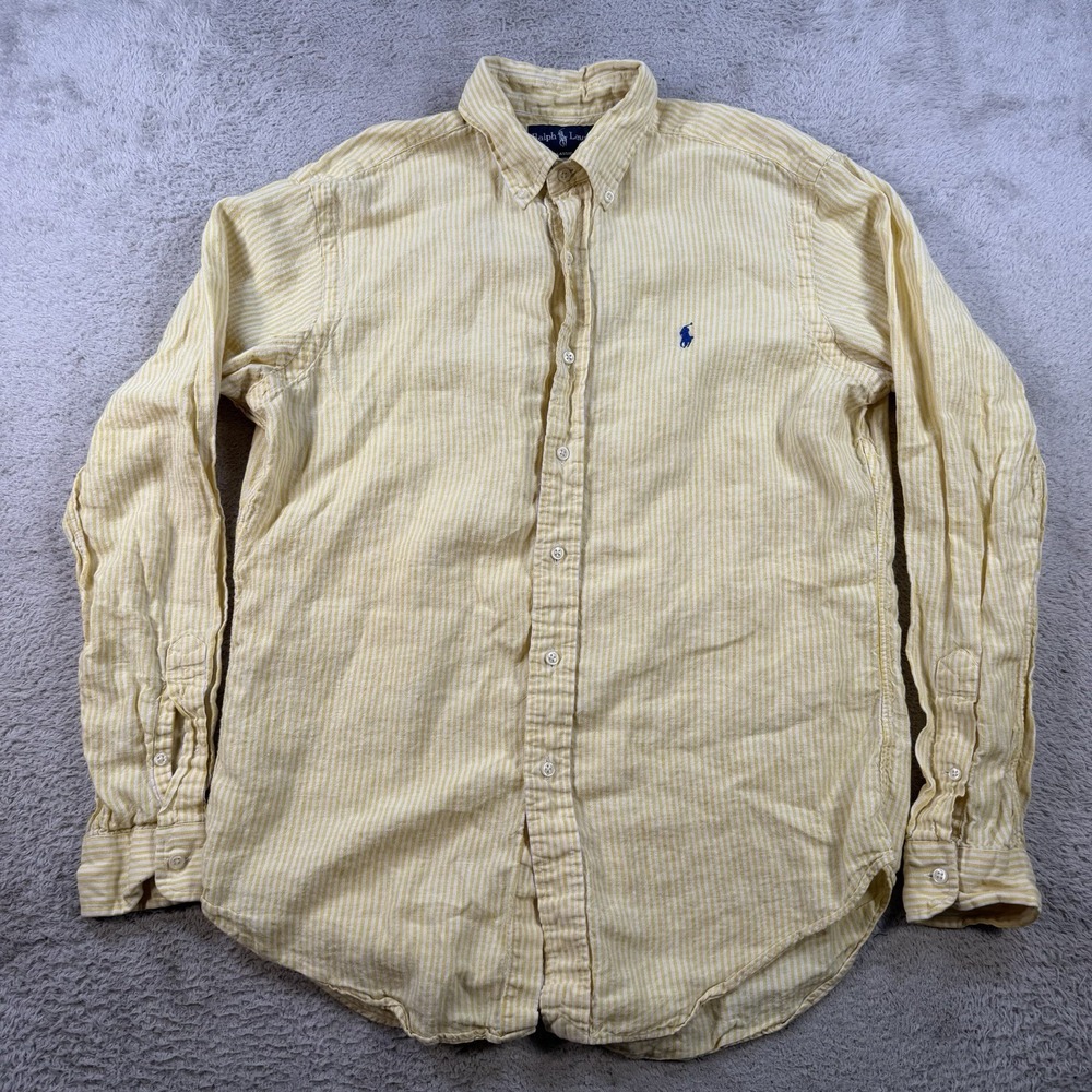 Polo Ralph Lauren Shirt Mens Medium Yellow 100% Linen Striped Button Down Pony